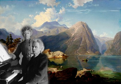 Nina Hagerup and Edvard Grieg on 'Hardanger Fjord' painting of August W. Leu.